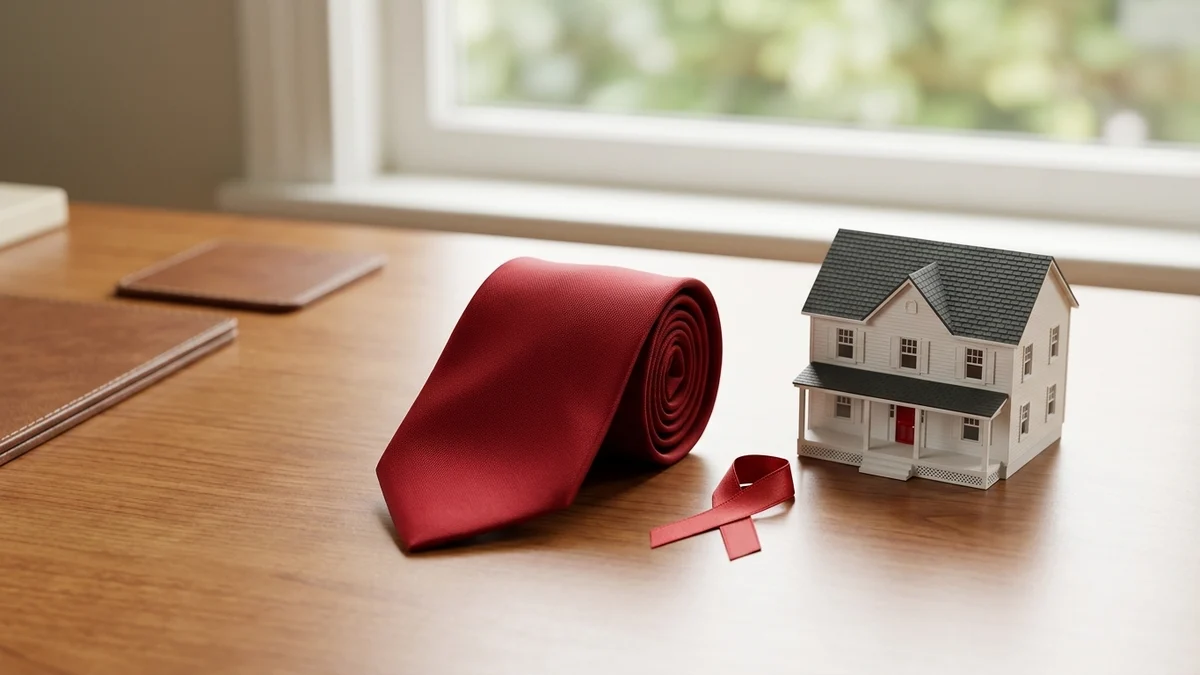 A red necktie and ribbon beside a small house model, a quiet nod to supporting military families through a move.