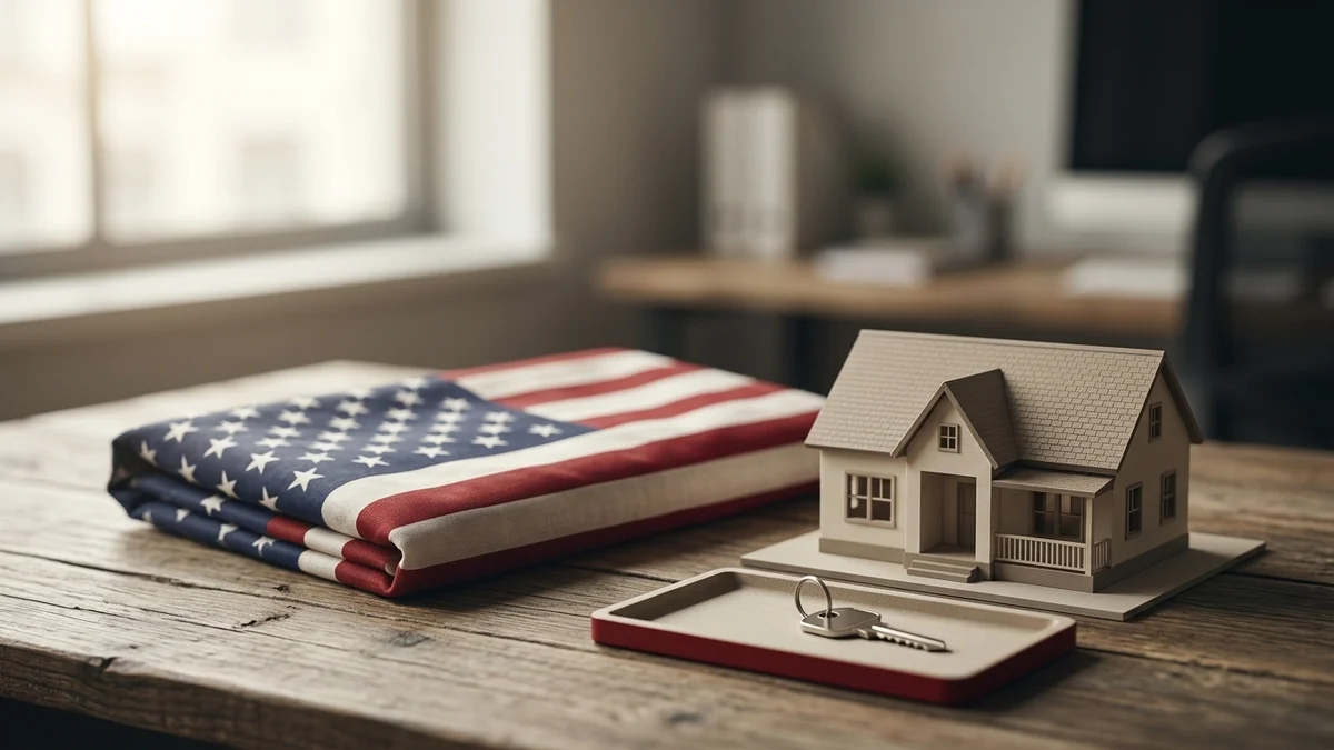 A folded American flag beside a small model house and a set of keys on a desk, representing a military relocation to Ellis County.